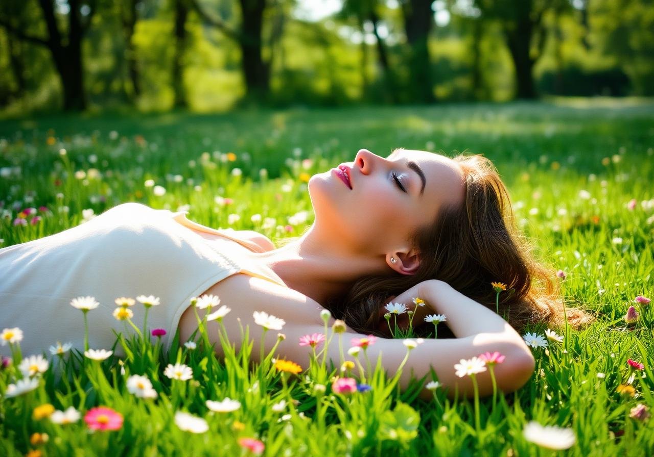 Woman resting in a sunlit wildflower field with her eyes closed